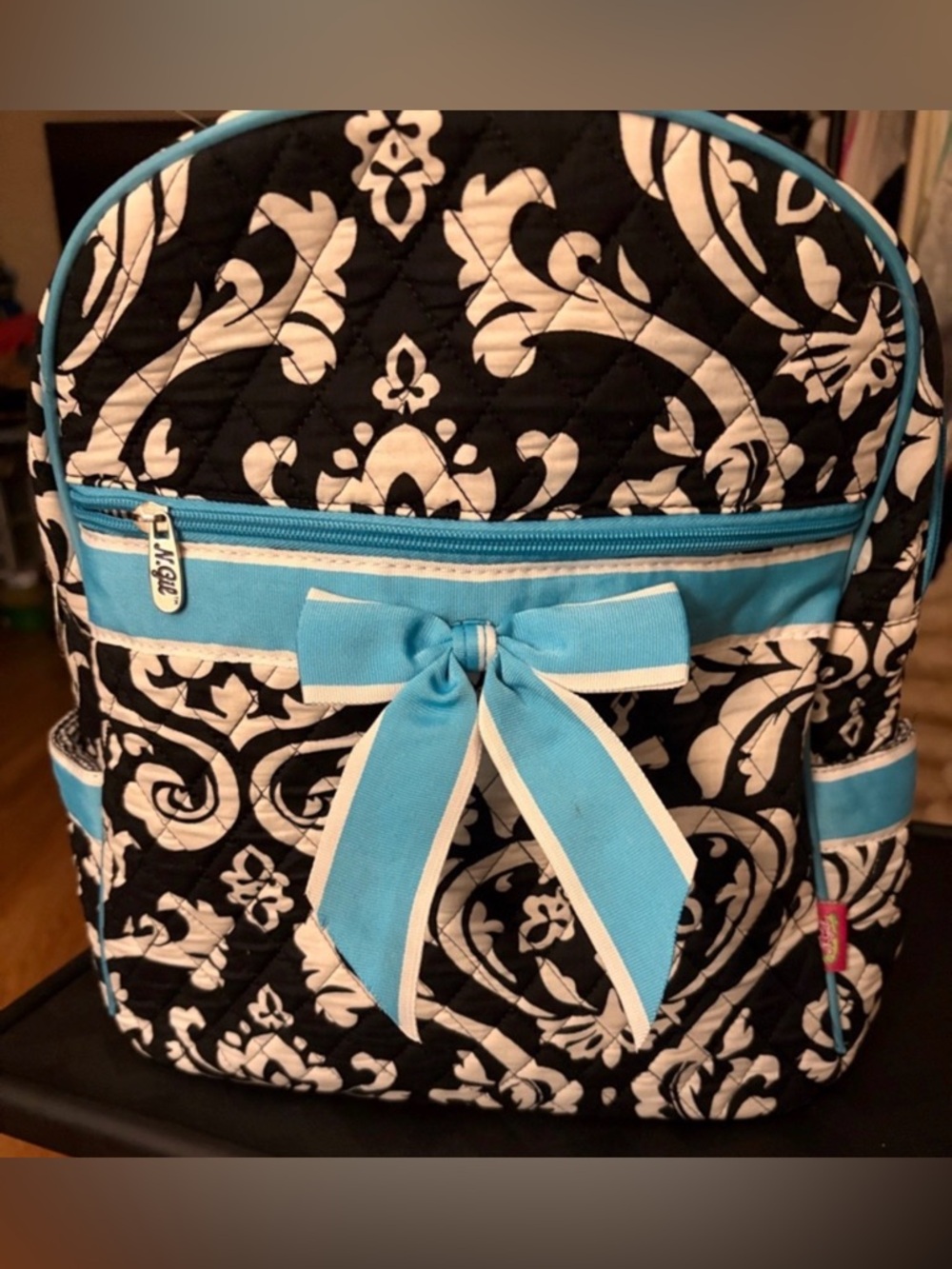 🎒 N.Gil Quilted Backpack Black White Damask Blue Bow